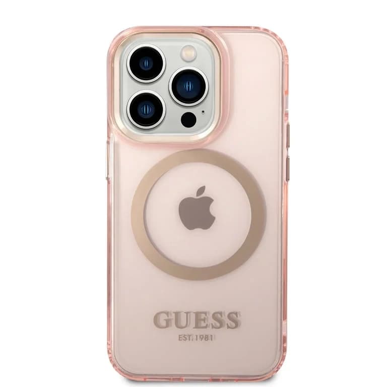 Guess iPhone 14 Pro Hardcase Achtercover - Gouden Knoppen & Camera - Magsafe Compatibel - Doorschijnend