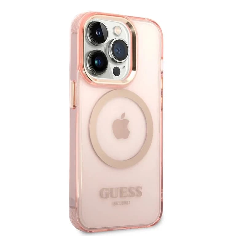 Guess iPhone 14 Pro Hardcase Achtercover - Gouden Knoppen & Camera - Magsafe Compatibel - Doorschijnend