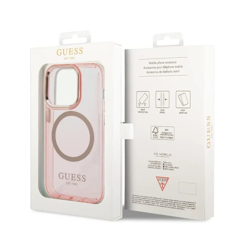 Guess iPhone 14 Pro Hardcase Achtercover - Gouden Knoppen & Camera - Magsafe Compatibel - Doorschijnend