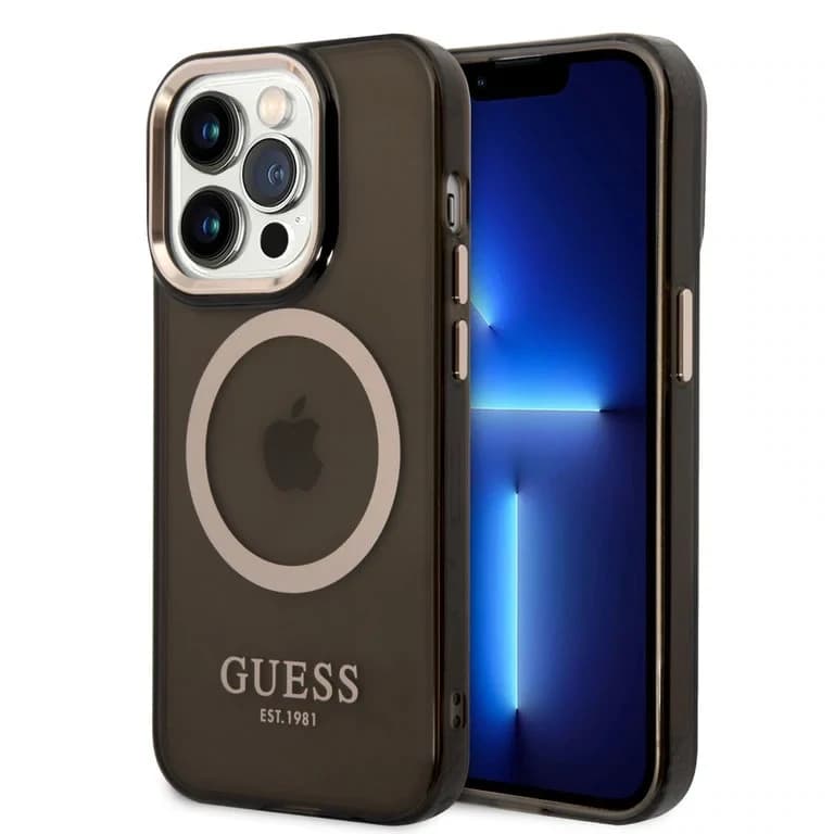 Guess iPhone 14 Pro Hardcase Achtercover - Gouden Knoppen & Camera - Magsafe Compatibel - Doorschijnend
