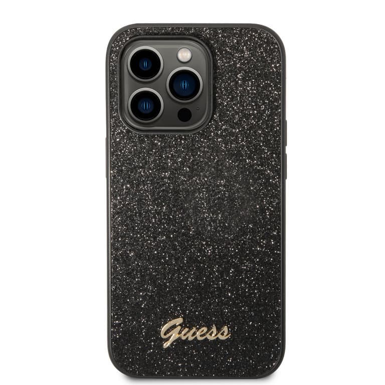 Guess iPhone 14 Pro Hardcase Achtercover - Glitter Script - Zwart