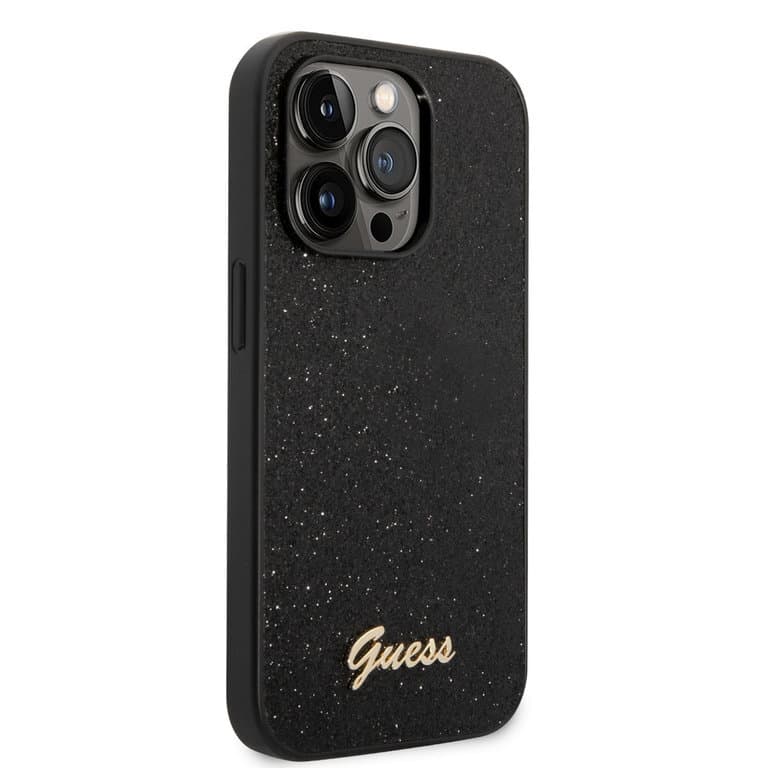 Guess iPhone 14 Pro Hardcase Achtercover - Glitter Script - Zwart