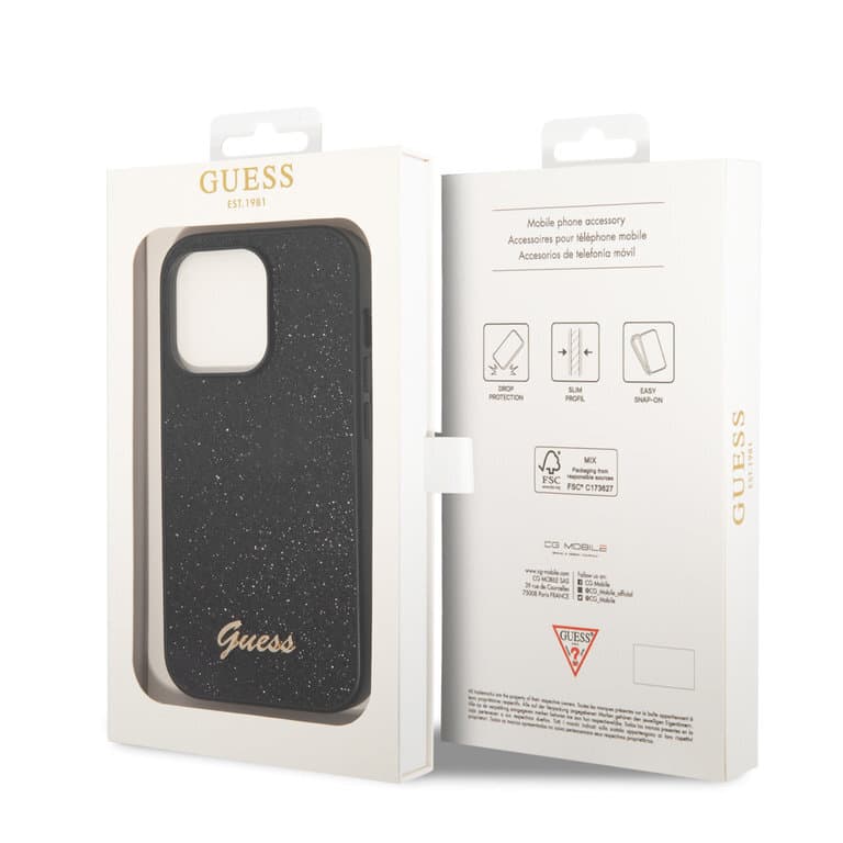 Guess iPhone 14 Pro Hardcase Achtercover - Glitter Script - Zwart