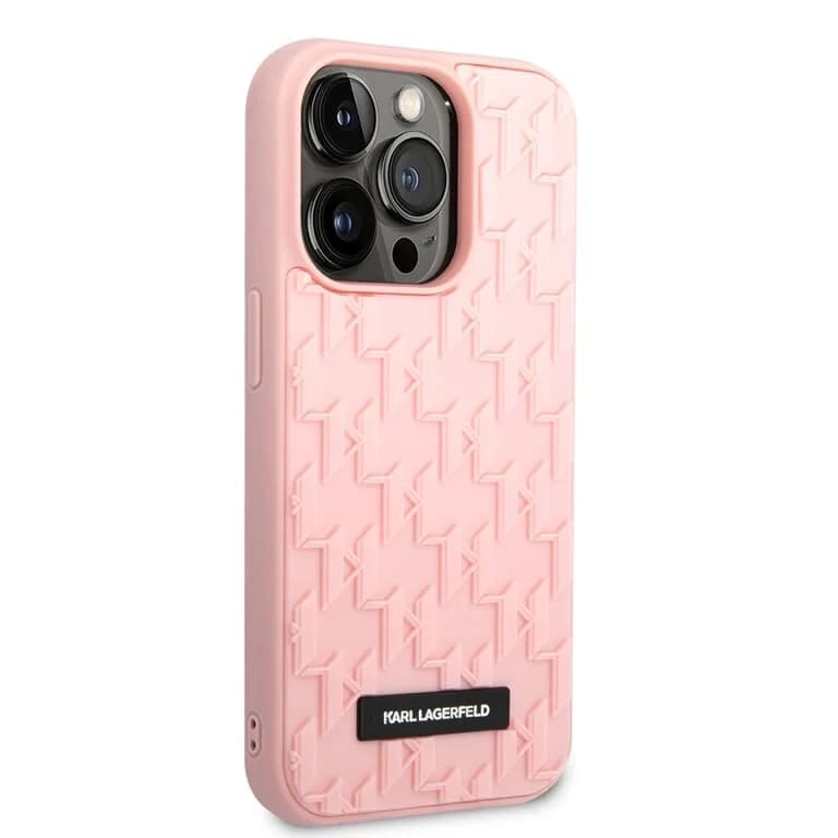 Karl Lagerfeld iPhone 14 Pro Hardcase Achtercover - Saffiano Leer - Metalen Logo - Roze