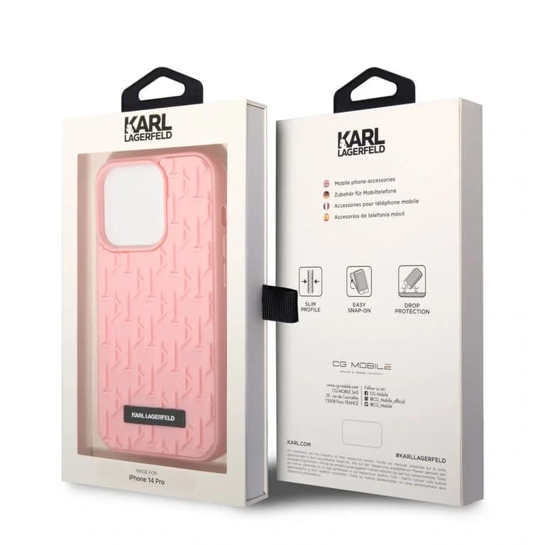 Karl Lagerfeld iPhone 14 Pro Hardcase Achtercover - Saffiano Leer - Metalen Logo - Roze
