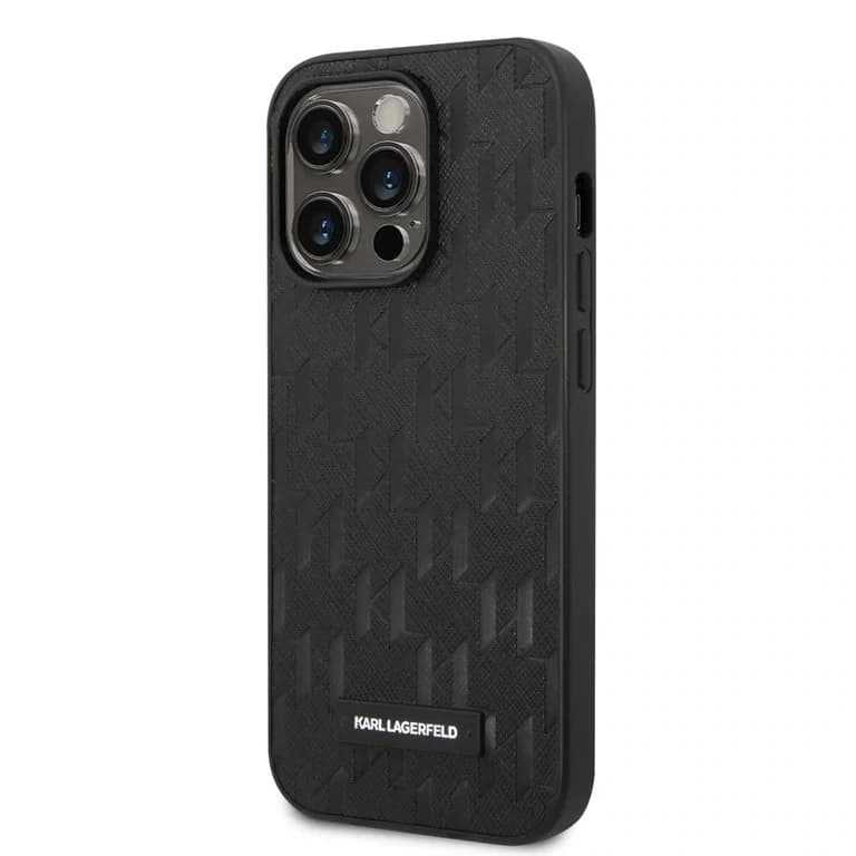 Karl Lagerfeld iPhone 14 Pro Hardcase Achtercover - Saffiano Leer - Metalen Logo - Zwart