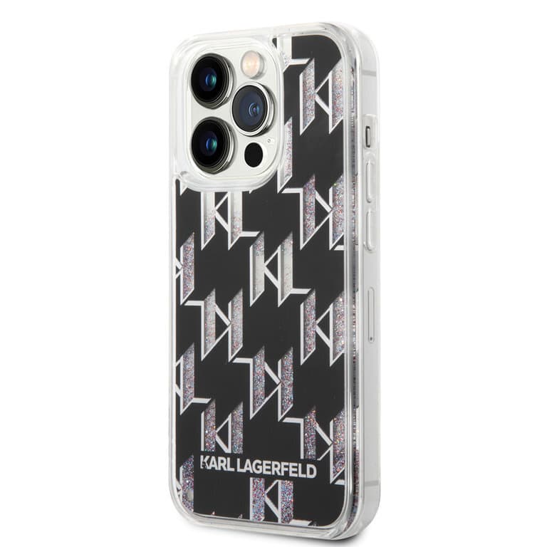 Karl Lagerfeld iPhone 14 Pro TPU Achtercover - Vloeibare glitter - Monogram - Zwart