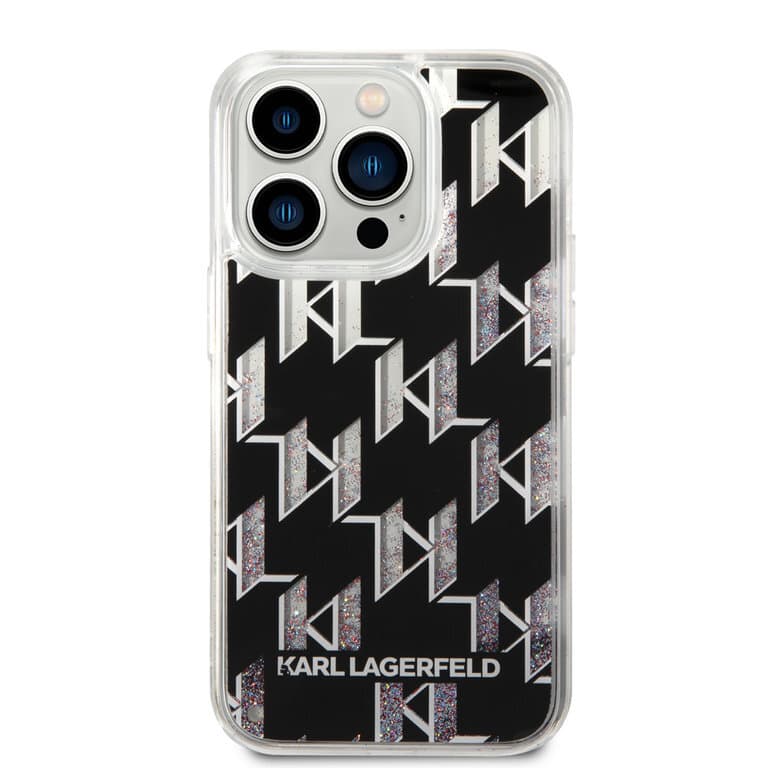 Karl Lagerfeld iPhone 14 Pro TPU Achtercover - Vloeibare glitter - Monogram - Zwart