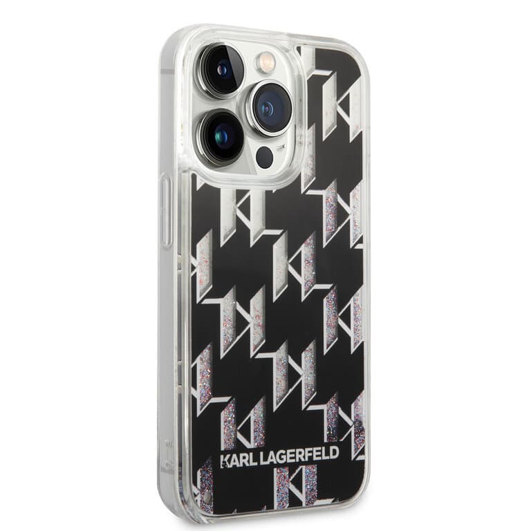 Karl Lagerfeld iPhone 14 Pro TPU Achtercover - Vloeibare glitter - Monogram - Zwart