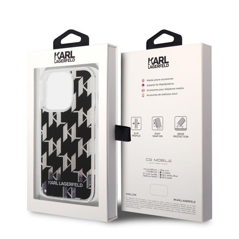 Karl Lagerfeld iPhone 14 Pro TPU Achtercover - Vloeibare glitter - Monogram - Zwart