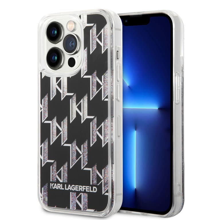 Karl Lagerfeld iPhone 14 Pro TPU Achtercover - Vloeibare glitter - Monogram - Zwart