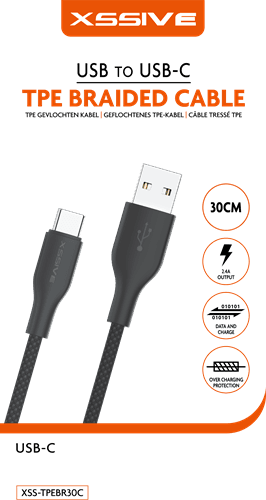 Xssive TPE Gevlochten Kabel Type-C 30cm XSS-TPEBR30C - Zwart