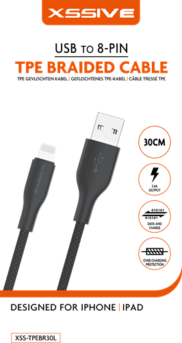 Xssive TPE gevlochten kabel voor iPhone 30cm XSS-TPEBR30L - Zwart