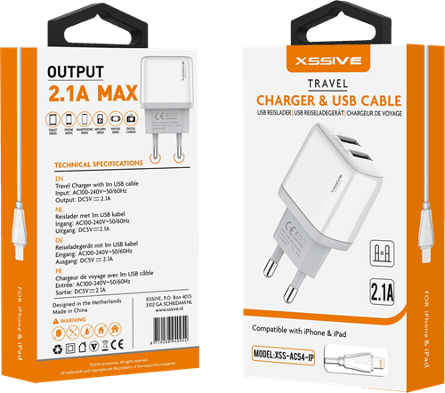 Xssive Duo USB Charger+Cable for iPhone 2.1A XSS-AC54-IP - Wit