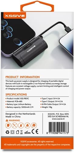 Xssive Premium Mini Powerbank voor USB-C incl. Kabel 5000mAh XSS-PB31C