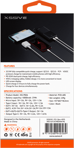 Xssive Powerbank incl. Kabel 10.000mAh PD+QC3.0 XS-PB26 - Zwart