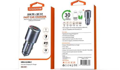 Xssive 53W PD+QC 3.0 Snelle Autolader XSS-CC37 - Zwart