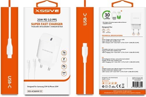 Xssive 25W PD3.0 supersnelle oplader met C-C-kabel XSS-AC66NW - Wit