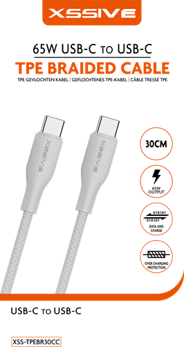 Xssive TPE gevlochten kabel 65W USB-C naar USB-C 30cm XSS-TPEBR30CC - Wit