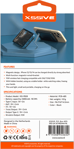 Xssive Magnetische Draadloze Powerbank met Standaard 5000mAh XS-PB28 - Zwart