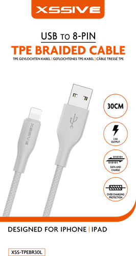 Xssive TPE gevlochten kabel voor iPhone 30cm XSS-TPEBR30L - Wit
