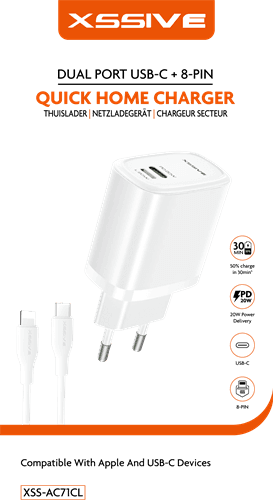 Xssive Snelle Dual Port Charger+Kabel Type-C naar iPhone XSS-AC71CL - Wit