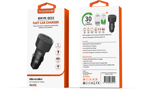Xssive 85W PD+QC3.0 Snelle Autolader XSS-CC45 - Zwart