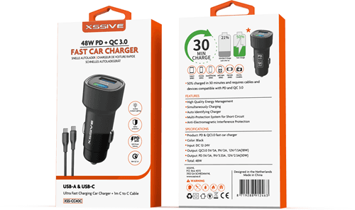 Xssive 48W QC3.0 snelle autolader met C-C-kabel XSS-CC40C - zwart