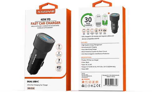 Xssive 40w PD snelle autolader XSS-CC42 - Zwart
