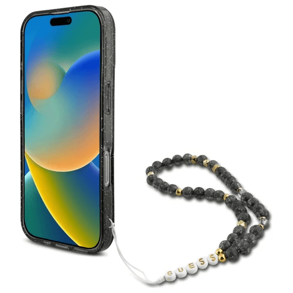 Guess iPhone 16 Pro Hoesje | Glitter Hardcase + Parelband
