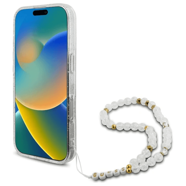 Guess iPhone 16 Pro Hoesje | Glitter Hardcase + Parelband
