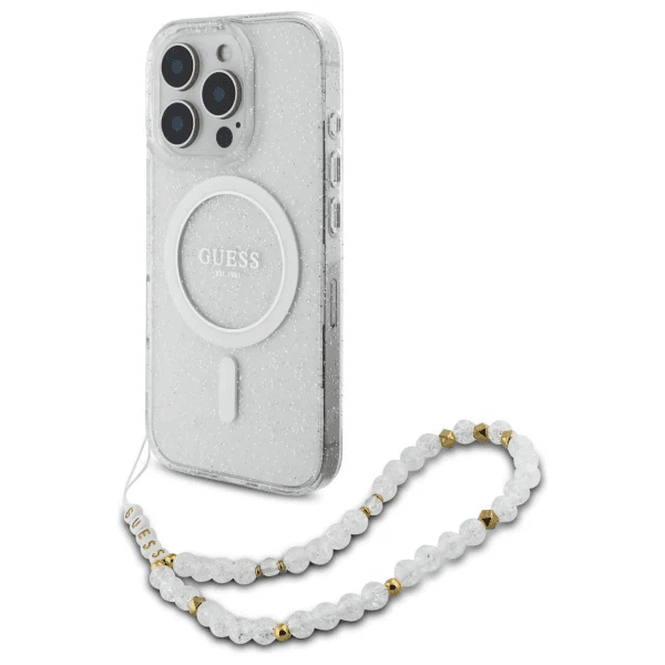 Guess iPhone 16 Pro Hoesje | Glitter Hardcase + Parelband