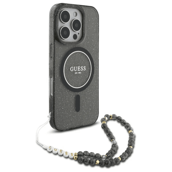 Guess iPhone 16 Pro Hoesje | Glitter Hardcase + Parelband