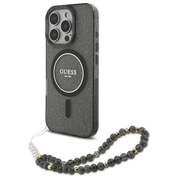 Guess iPhone 16 Pro Hoesje | Glitter Hardcase + Parelband