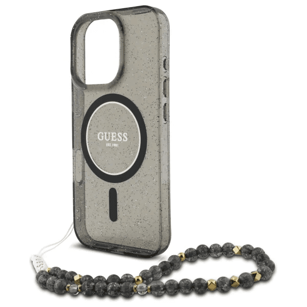 Guess iPhone 16 Pro Hoesje | Glitter Hardcase + Parelband