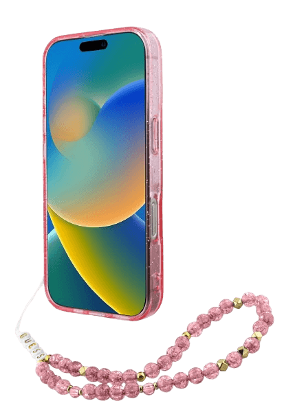 Guess iPhone 16 Pro Hoesje | Glitter Hardcase + Parelband