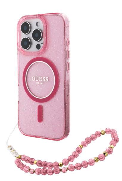 Guess iPhone 16 Pro Hoesje | Glitter Hardcase + Parelband
