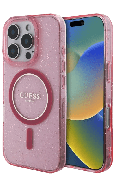 Guess iPhone 16 Pro Hoesje | Glitter Hardcase + Parelband