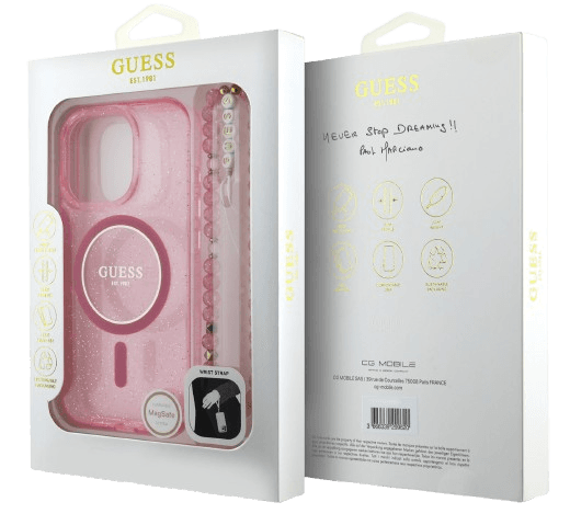 Guess iPhone 16 Pro Hoesje | Glitter Hardcase + Parelband