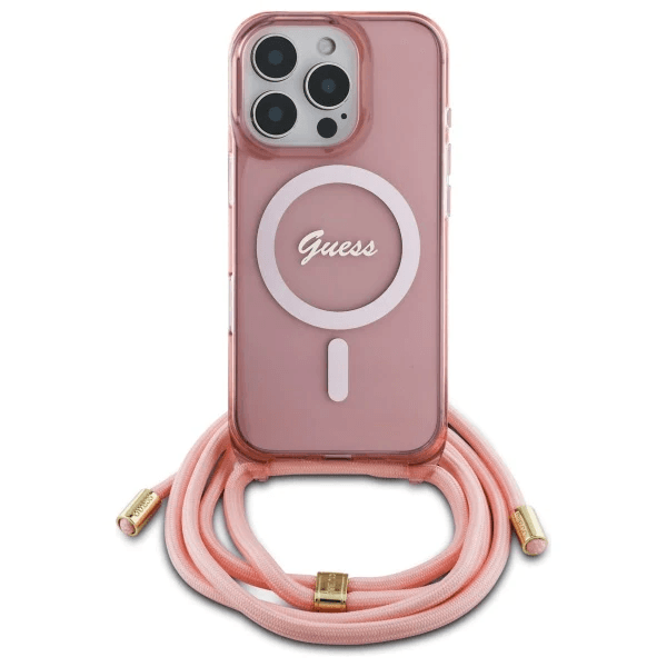 Guess iPhone 16 Pro Hoesje | Roze Hardcase + Crossbody Koord