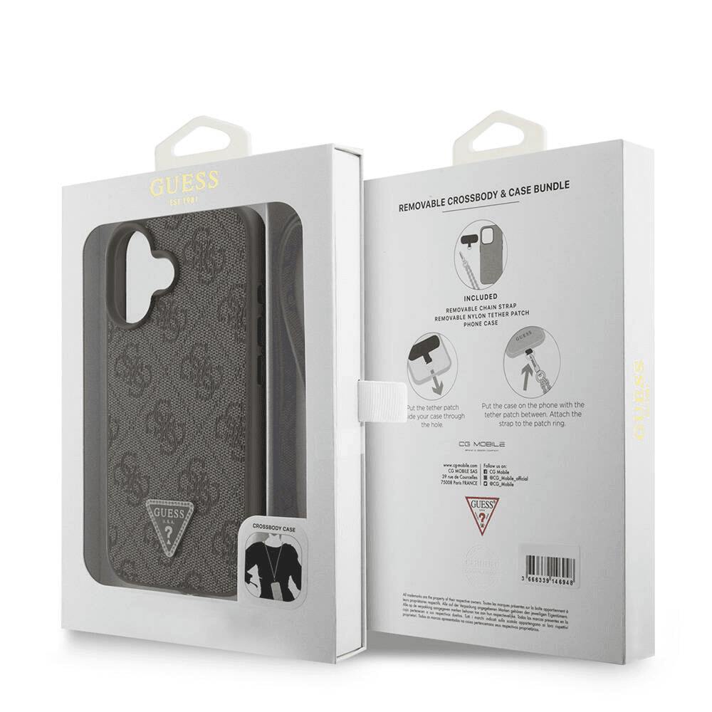 Guess iPhone 16 Plus Crossbody Case | PU Leather + Metal Logo & Rhinestones