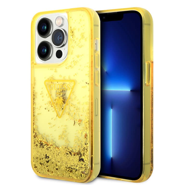 Guess iPhone 14 Pro Max Hardcase Backcover - Vloeibare Glitter Doorschijnend Geel