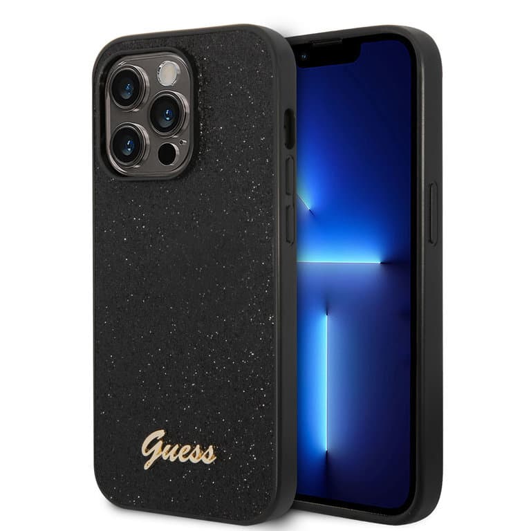 Guess iPhone 14 Pro Max Hardcase Achtercover - Glitter Script - Zwart