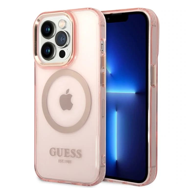 Guess iPhone 14 Pro Hardcase Achtercover - Gouden Knoppen & Camera - Magsafe Compatibel - Doorschijnend