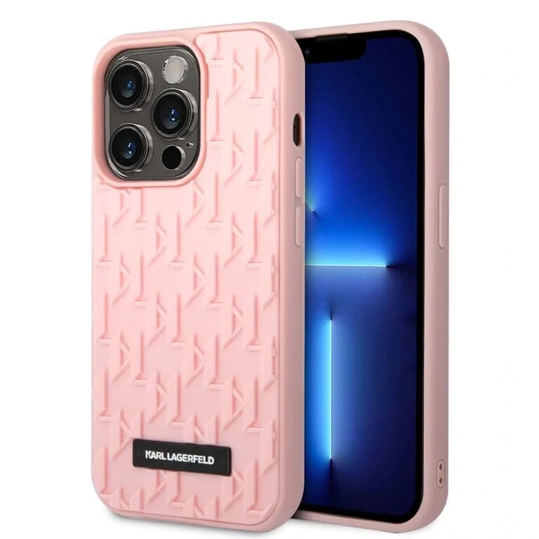 Karl Lagerfeld iPhone 14 Pro Hardcase Achtercover - Saffiano Leer - Metalen Logo - Roze