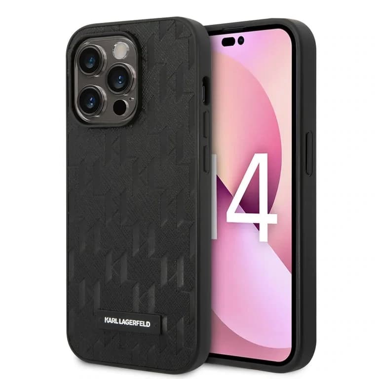 Karl Lagerfeld iPhone 14 Pro Hardcase Achtercover - Saffiano Leer - Metalen Logo - Zwart