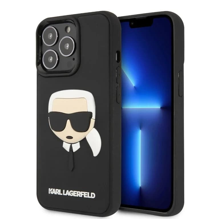 Karl Lagerfeld iPhone 14 Pro Hardcase Achtercover - 3D Rubberen Karl's Hoofd - Zwart